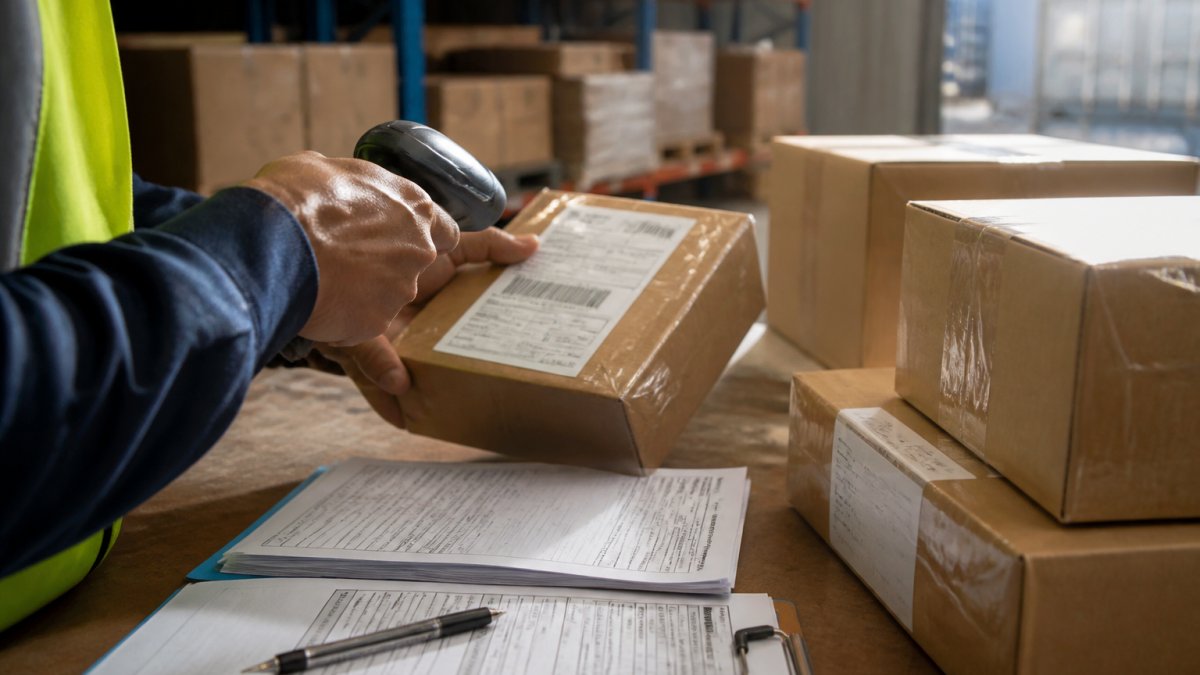 Warehouse worker scanning international shipping labels on packages prepared for export, with documentation and customs forms visible on the workbench, natural warehouse lighting