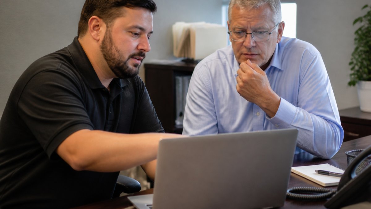 Small business owner and IT professional reviewing cybersecurity protocols on a computer screen in a modern office setting, discussing network security measures