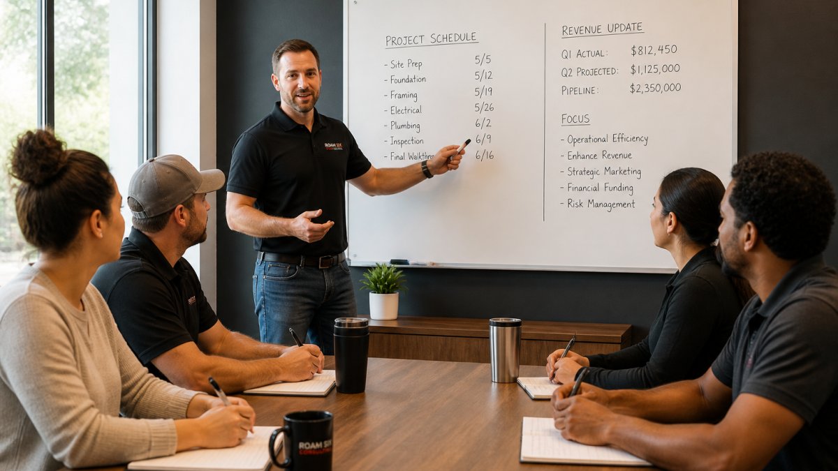 Infographic visualizing the leadership development process during a collaborative small business team meeting