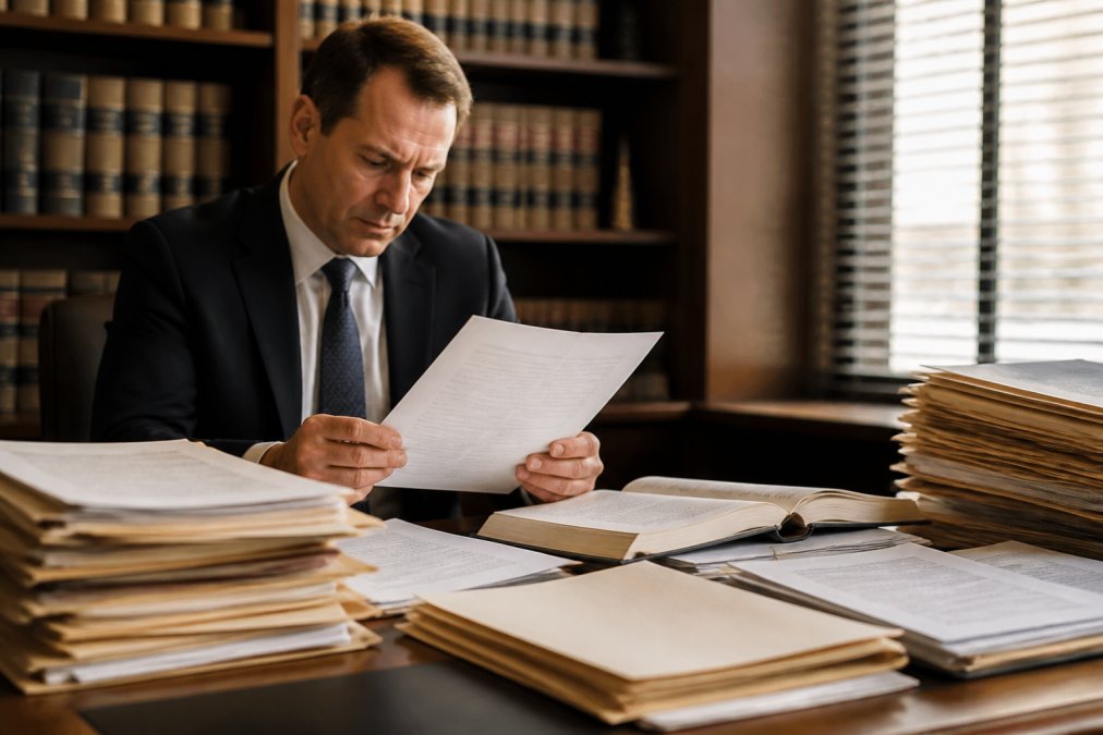 Business professional in law office reviewing stack of contracts and legal documents on desk with file folders