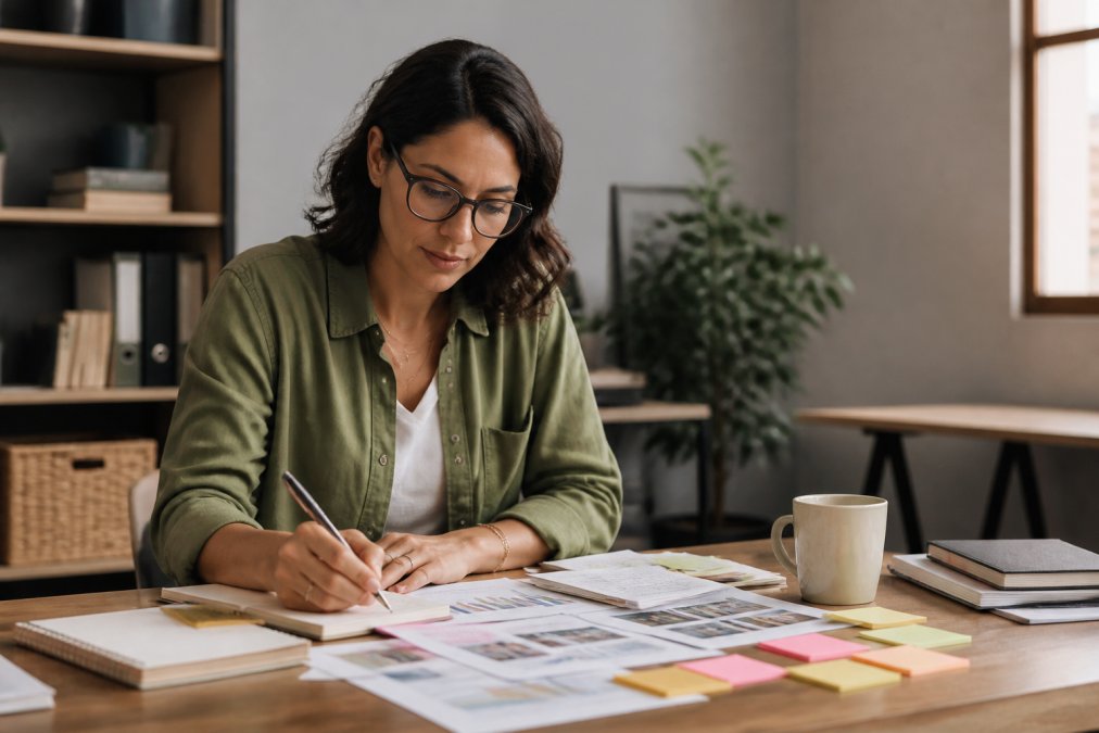 Small business owner reviewing customer data and market research notes on a desk with laptop, notebook, and coffee cup in natural office lighting