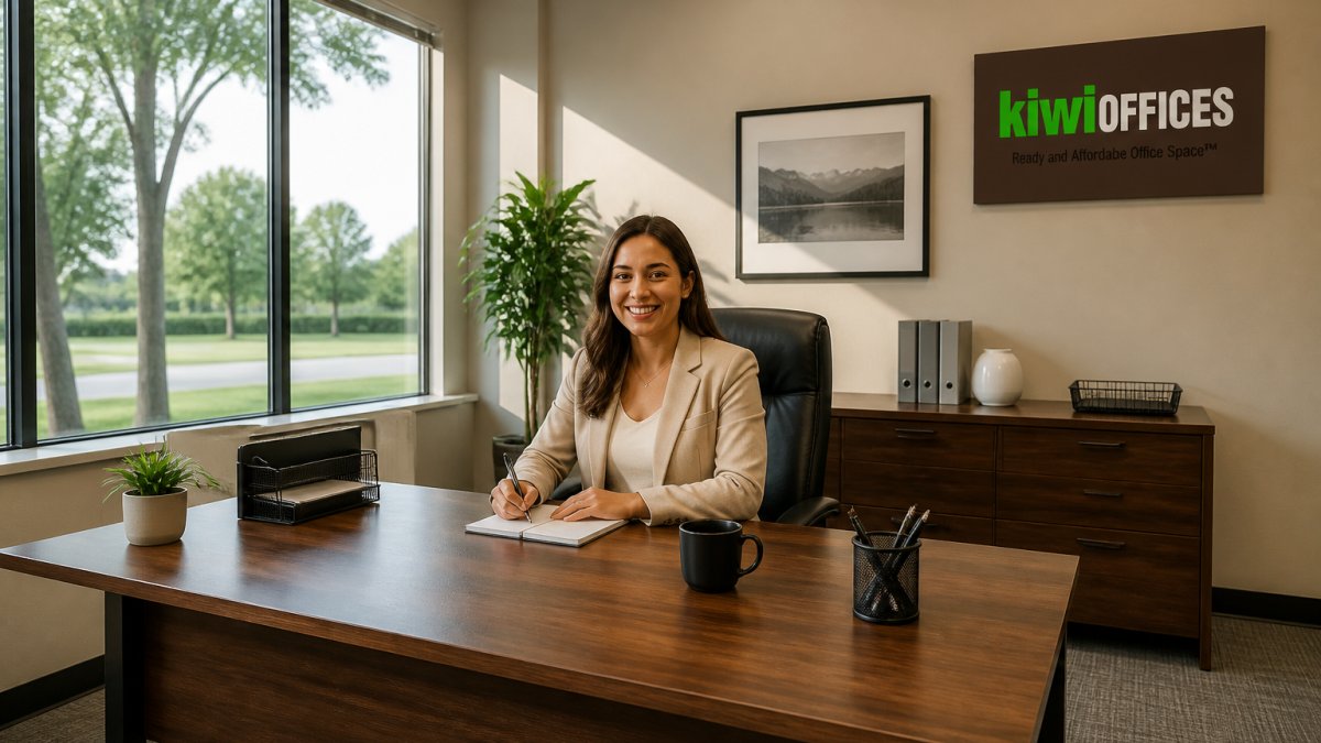 Small business owner working at a desk in a sunlit private office suite rental with modern decor