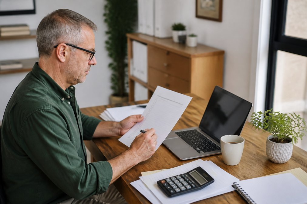 Small business owner reviewing a payroll tax compliance checklist at a desk with accounting software on a laptop.