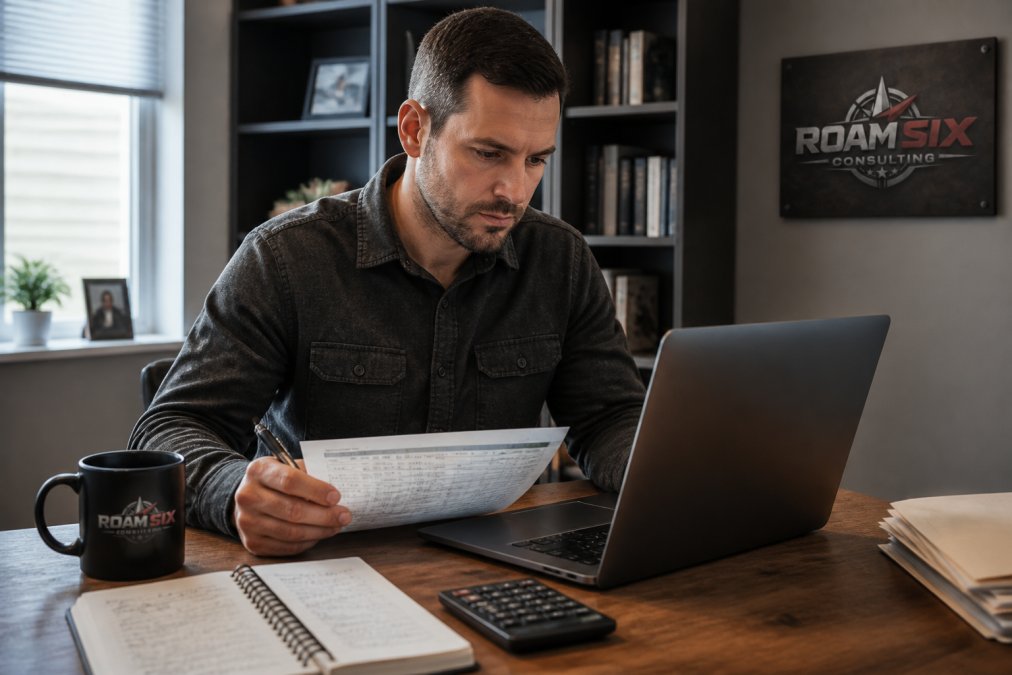 A small business owner reviewing cash flow forecasts and financial documents on a laptop, with a calculator and coffee mug on a wooden desk in a home office