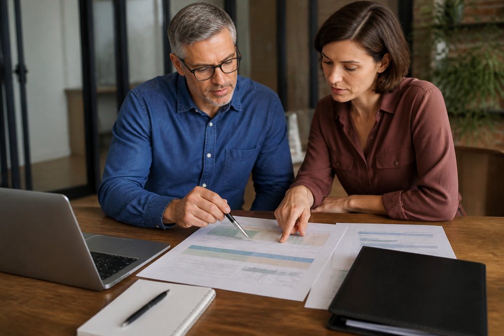 Business owner and consultant reviewing strategic planning documents and business roadmap on desk with laptop and notes visible