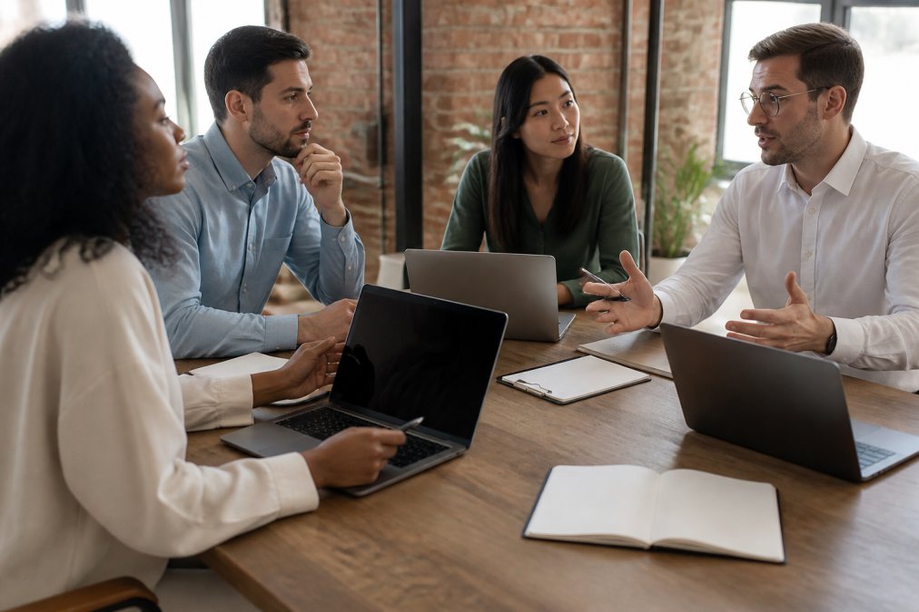Small business team gathered around conference table reviewing quarterly performance metrics and dashboards on laptop screens in modern office
