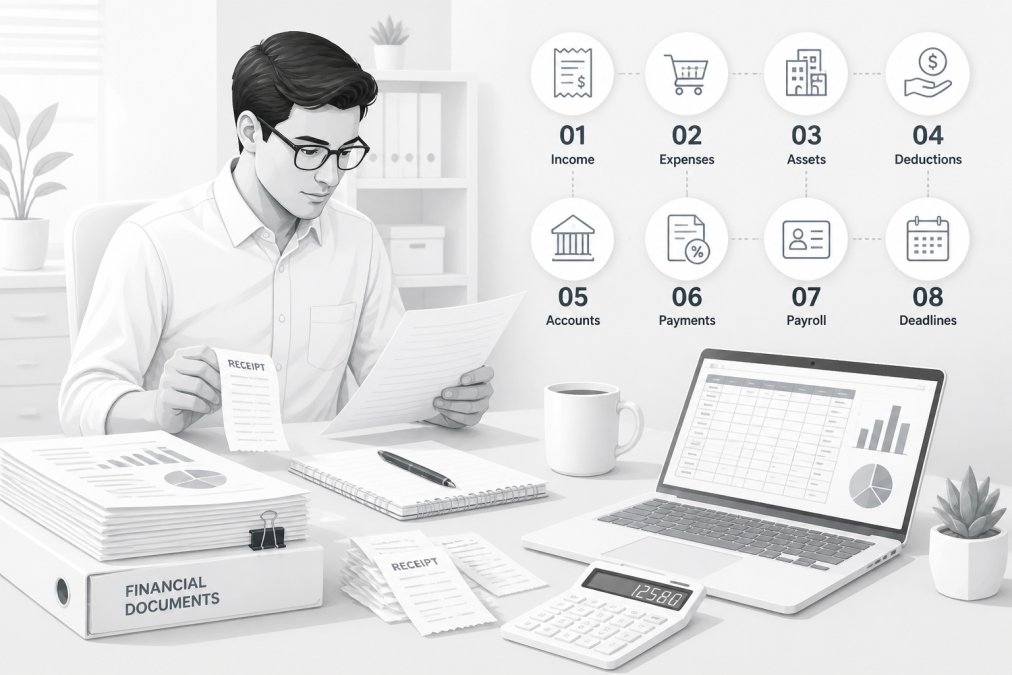 Small business owner sitting at a desk reviewing a stack of financial documents and receipts with a laptop open showing a spreadsheet, warm office lighting