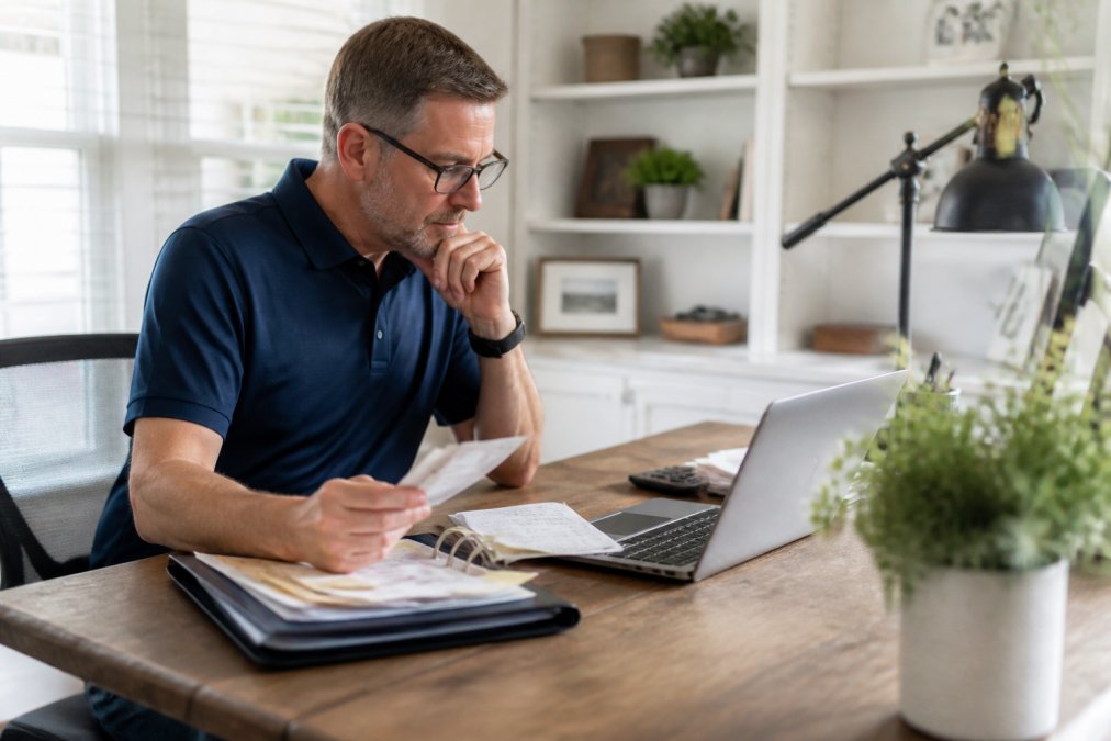 Small business owner reviewing financial software and a tax preparation checklist in a home office setup