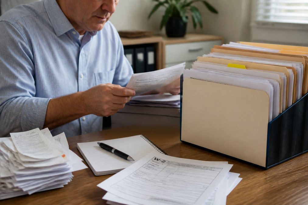 Close-up of organized labeled file folders containing tax documents, W-2 forms, and receipts arranged neatly on a wooden desk with a pen and notepad