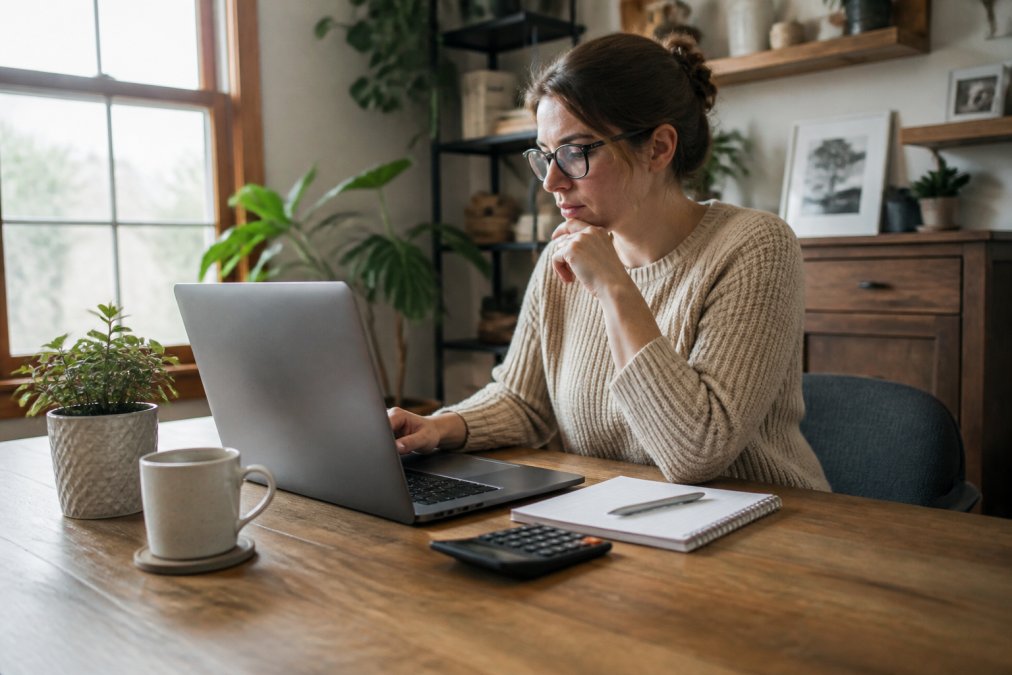 Small business owner reviewing website pricing plans on a laptop in a cozy home office, with a calculator and notepad beside them, natural light coming through the window