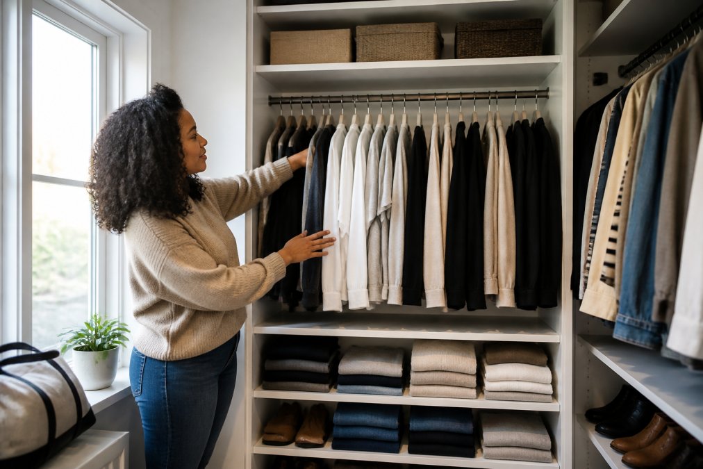 Infographic illustrating small closet organization tips using vertical storage and clear shelf zoning for clothing