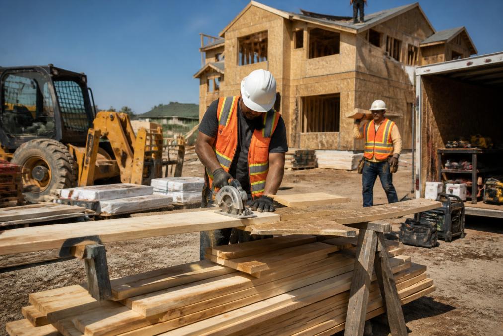 Construction workers wearing hard hats and safety vests working on a residential job site with building materials, power tools, and equipment visible in the background under clear daylight