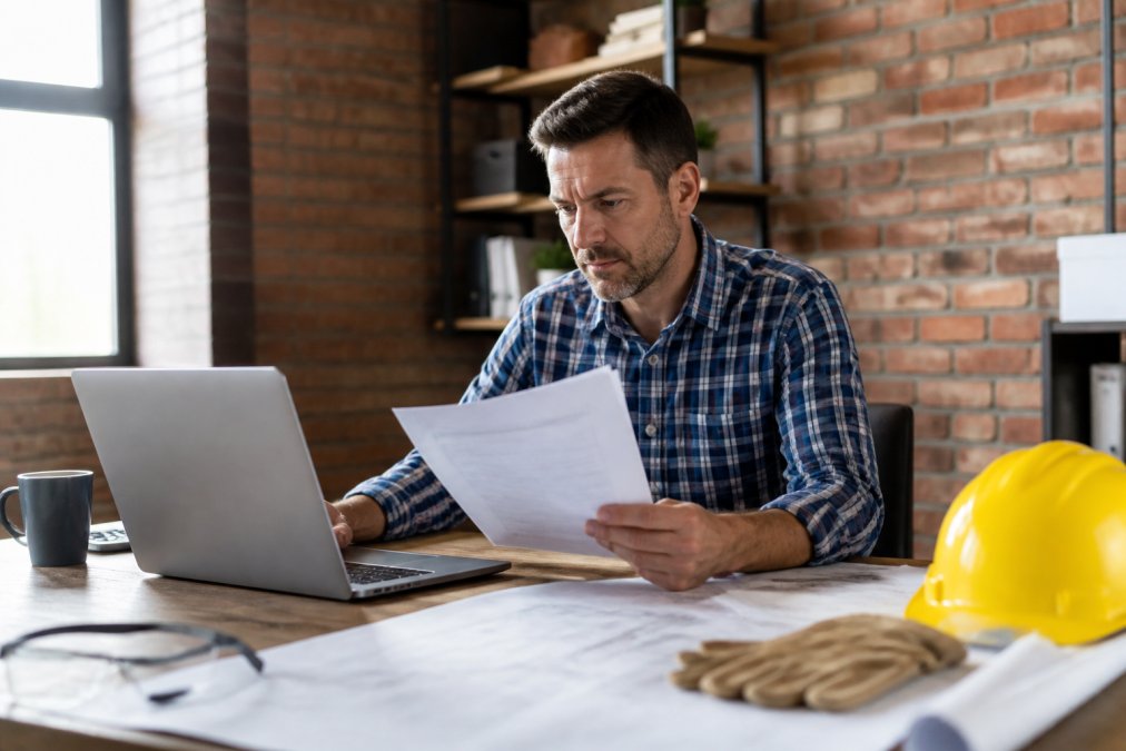 Small construction business owner seated at desk with laptop open to an insurance quote form, reviewing printed documents, with safety equipment and blueprints visible on the desk