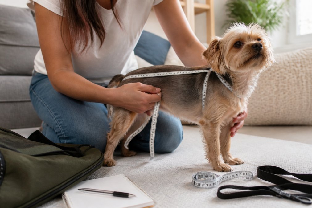 Pet owner measuring a small dog's back length and chest width with a soft measuring tape in a home setting
