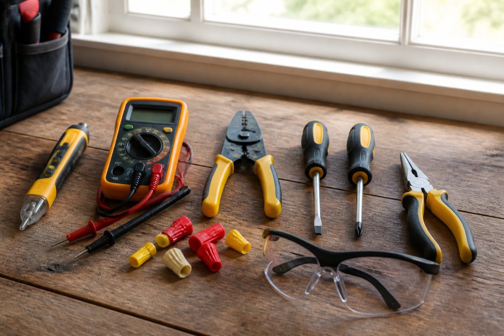 Professional electrician's workbench displaying voltage tester, digital multimeter, wire strippers, Phillips and flathead screwdrivers, needle-nose pliers, wire nuts, and safety glasses arranged on a wooden surface with natural window lighting