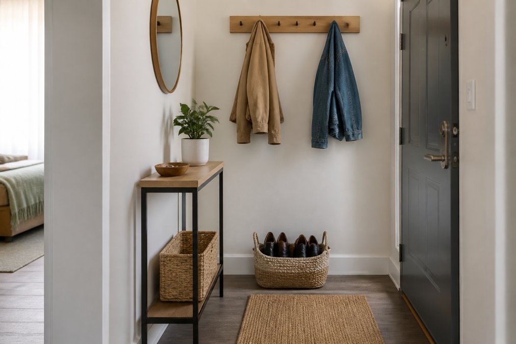 A bright, narrow apartment entryway with a slim console table, a wall-mounted coat rack holding two jackets, a woven basket filled with shoes, and a small round mirror above the console