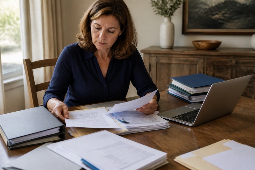 Executor organizing estate documents, folders, and financial records on a table with a laptop showing account information nearby, surrounded by organized files in natural daylight