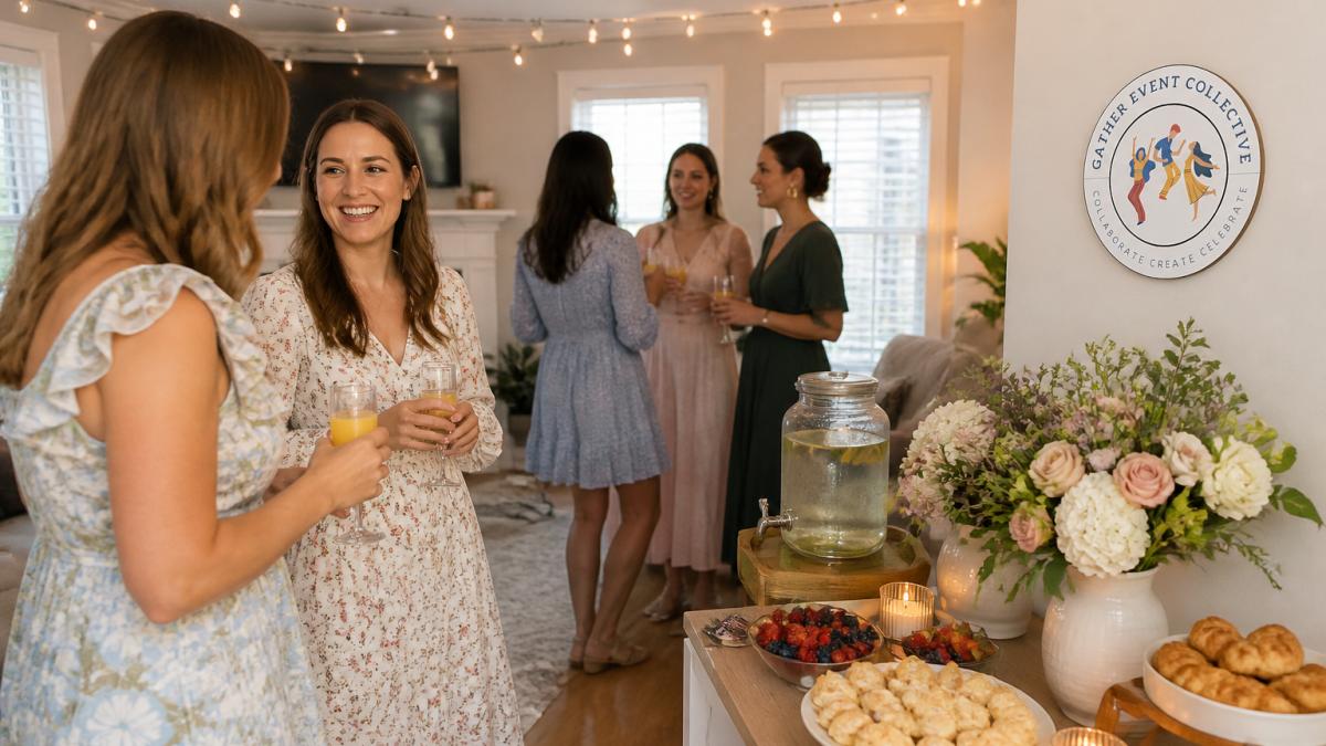 Intimate bridal shower setup in a home living room with guests mingling near refreshments on a decorated side table, soft string lighting overhead, and tasteful floral arrangements creating a warm, welcoming atmosphere