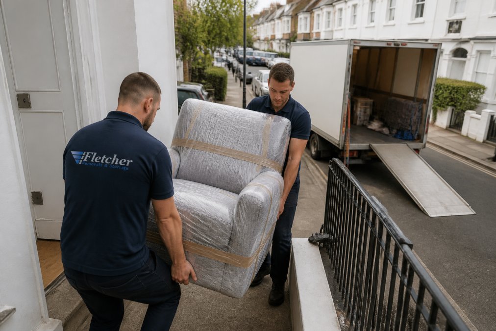 Two professional movers in uniform carrying a boxed-up armchair down a narrow stairway from a flat, with a removal van parked on a residential street in the background