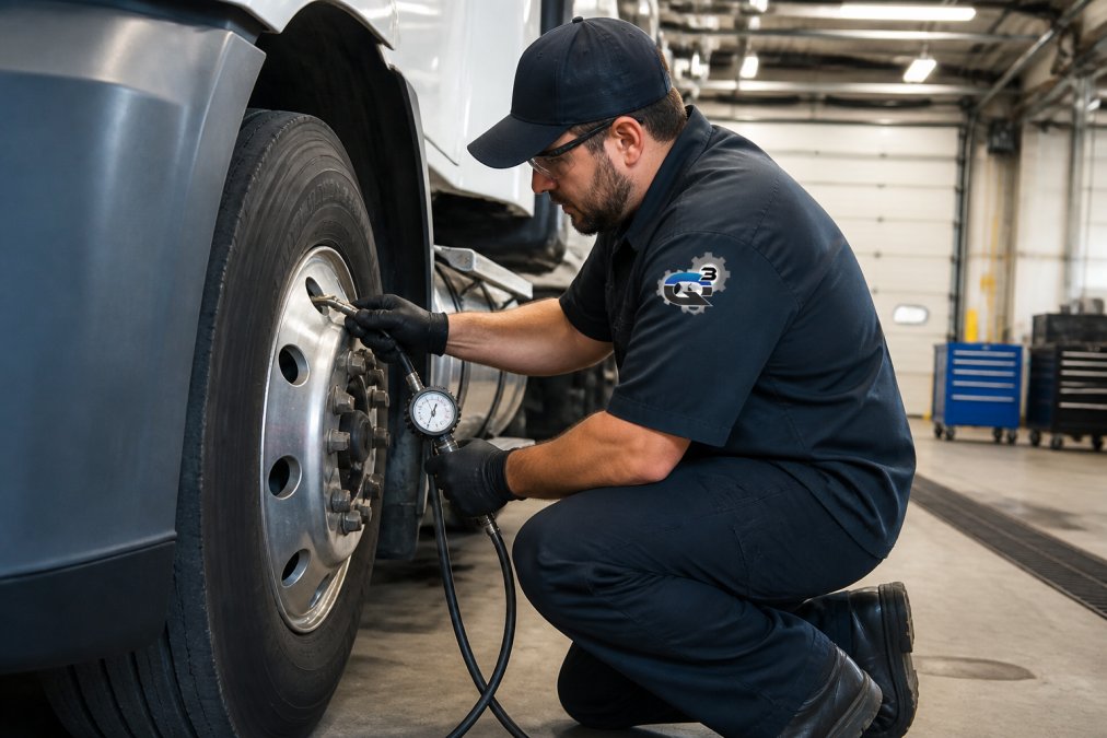 Technician in work uniform performing systematic vehicle inspection, checking tire pressure gauge on truck wheel in professional service bay with overhead lighting