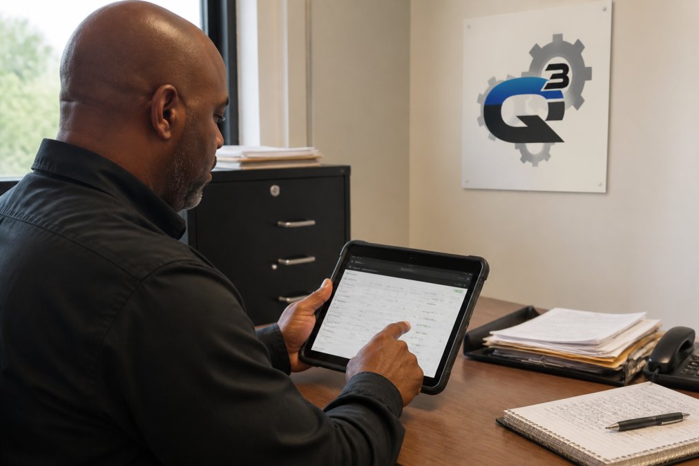 Fleet manager reviewing maintenance schedules and vehicle service history on tablet screen in office setting with natural window lighting, work orders visible on screen