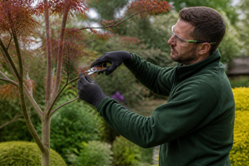 Professional arborist using secateurs to carefully trim branches on a small ornamental tree in a residential garden, with fresh-cut branches visible and healthy foliage in the background