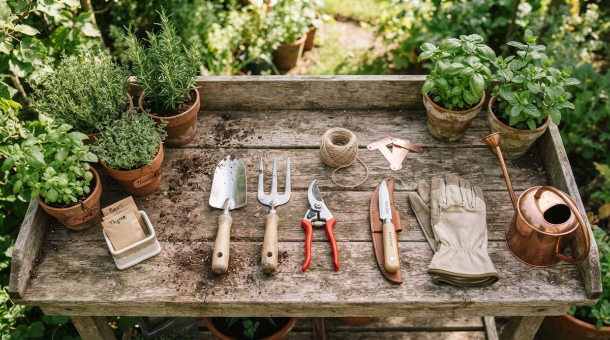 Flat lay of mini garden tools, plant labels, and natural jute twine arranged on a wooden surface with fresh herbs and soil nearby, photographed in natural daylight