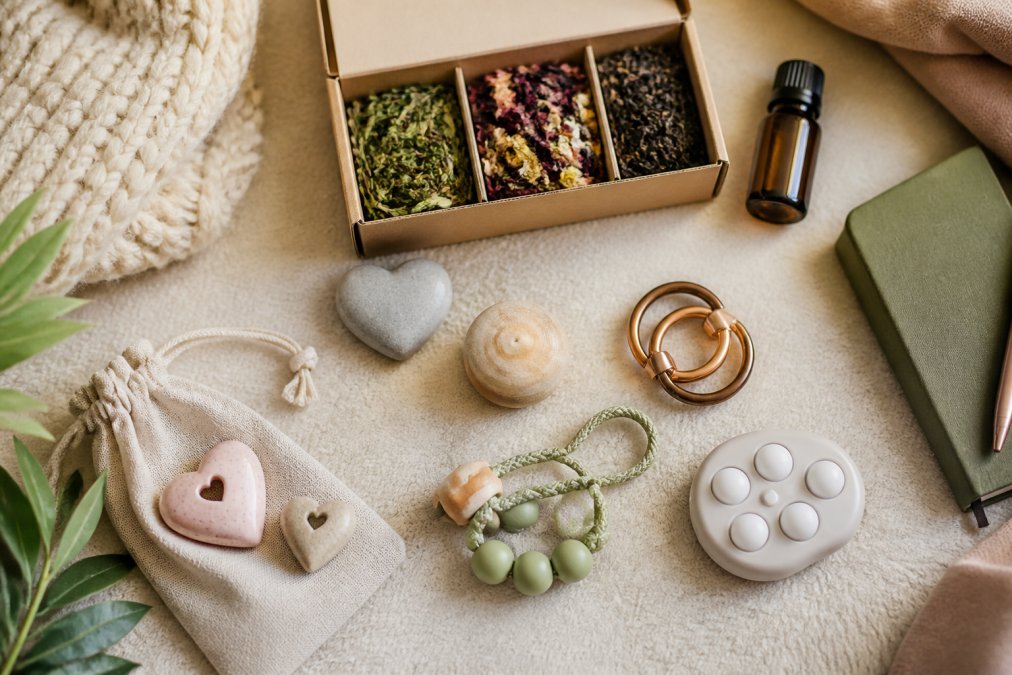 Flat lay arrangement of small comfort gifts on a soft neutral background including hand-finished tokens, fidget tools, tea selection box, and essential oil bottle, photographed from above with warm natural lighting
