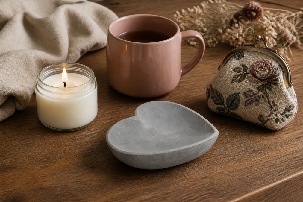 A flat-lay arrangement of small, cozy gifts on a warm wooden surface: a small soy candle in a glass jar, a glossy ceramic mug, a marble heart tray, and a vintage-style accessory pouch, softly lit with natural light