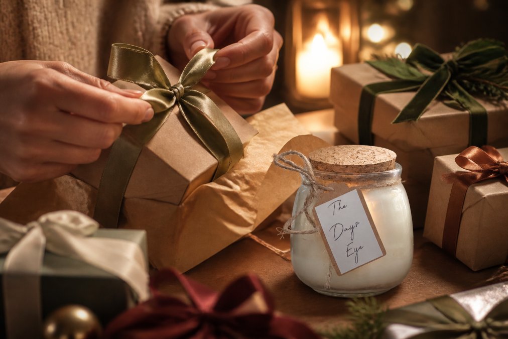 Close-up of hands unwrapping a small, neatly packaged gift with a ribbon, surrounded by other small wrapped presents and a lit soy candle on a cozy table setting with warm amber ambient lighting
