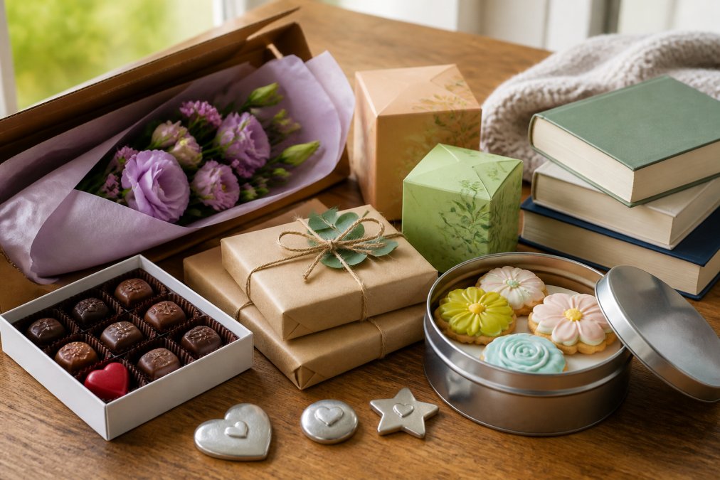 Collection of small wrapped gifts, letterbox flowers, premium chocolates, tea boxes, hand-iced biscuits in tins, books, and hand-finished keepsake tokens arranged on warm wooden surface with natural window lighting