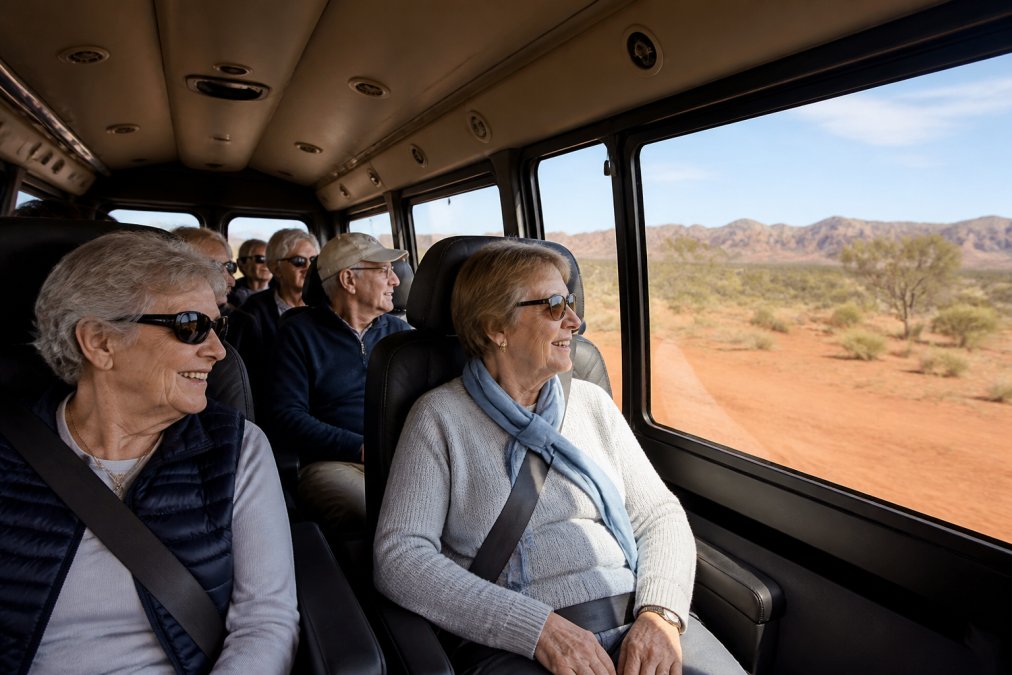 Mature travellers seated comfortably inside a purpose-designed 4WD vehicle with spacious seating, reclining seats, and air conditioning, smiling whilst viewing the outback landscape through large windows