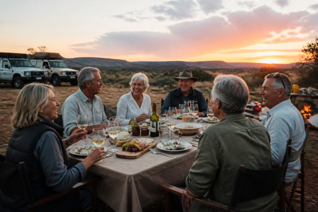 A diverse group of mature travellers gathered around an outdoor table in a remote setting at sunset, sharing a meal and conversation, showing genuine connection, laughter, and camaraderie