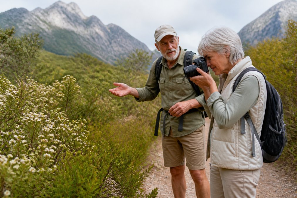 A mature traveller pausing on a scenic walking path to photograph wildflowers, with a guide standing nearby answering questions about the landscape's ecology, both moving at a relaxed pace with natural daylight illuminating the scene