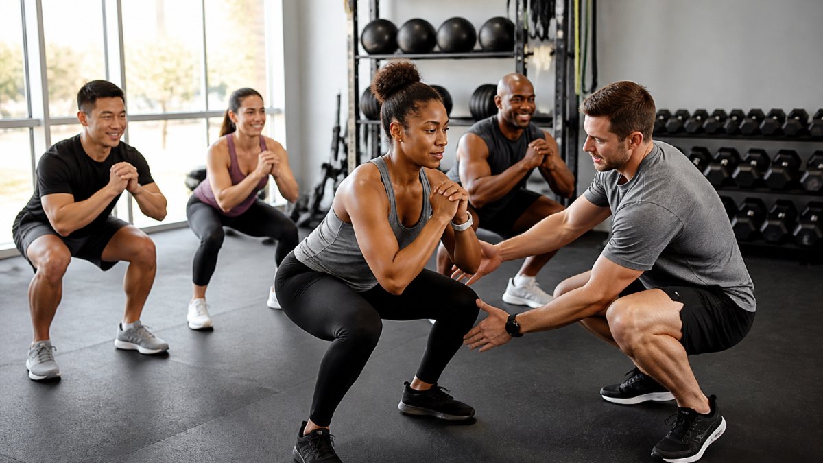 A small group of diverse adults in athletic wear following a coach through a bodyweight squat in a bright, welcoming gym, with one participant receiving a form cue