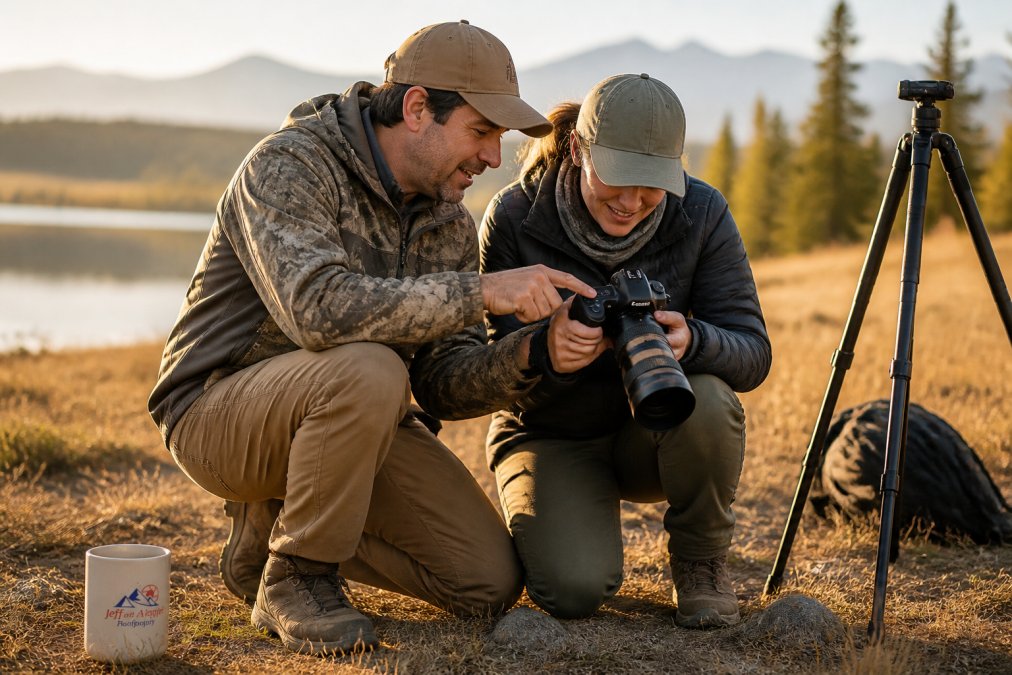 Photography instructor coaching a student on camera settings to maximize small group wildlife photography instruction