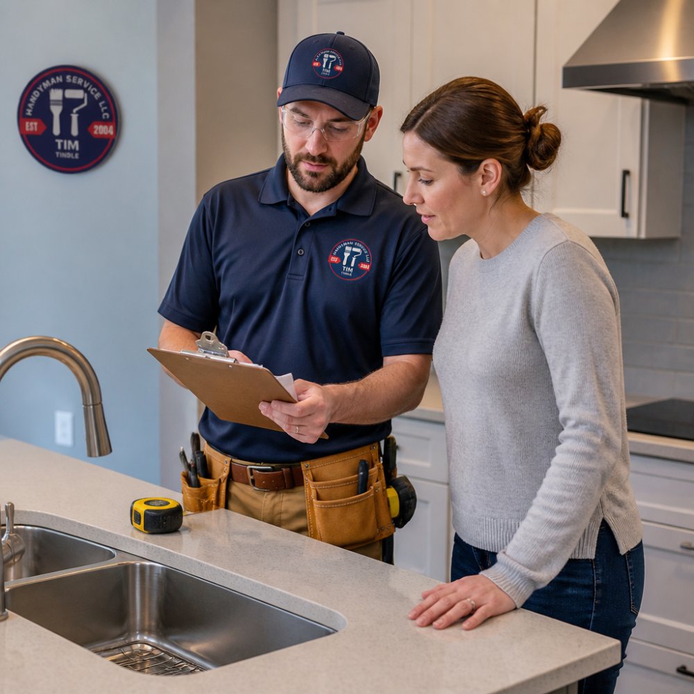 Handyman and homeowner discussing home repair service costs while reviewing project plans in a kitchen.