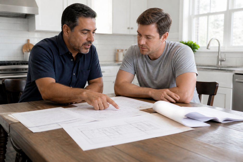 Homeowner reviewing contract documents and blueprints with a licensed contractor at a kitchen table, discussing project estimates and timelines in natural daylight