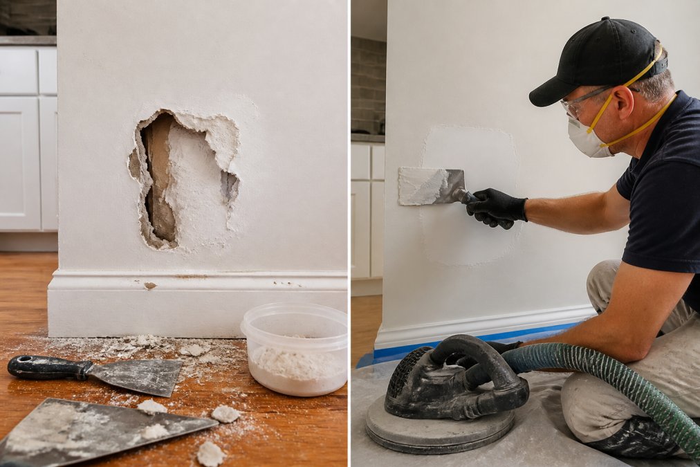 Skilled tradesperson using professional tools to perform precise drywall repair work in a residential kitchen, with dust control and protective equipment visible