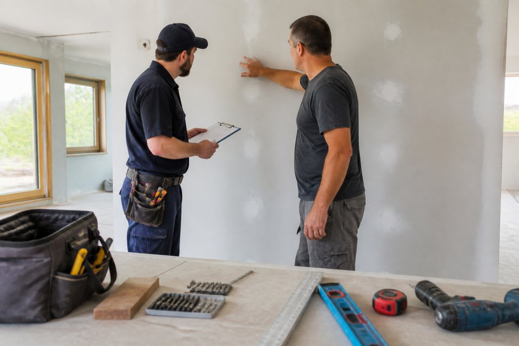 A homeowner and a contractor in work clothes reviewing a clipboard and pointing at a section of drywall inside a bright home, with tools nearby