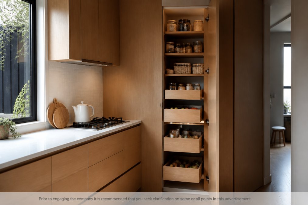 Modern small kitchen layout with floor-to-ceiling wooden cabinets and pull-out pantry storage drawers.