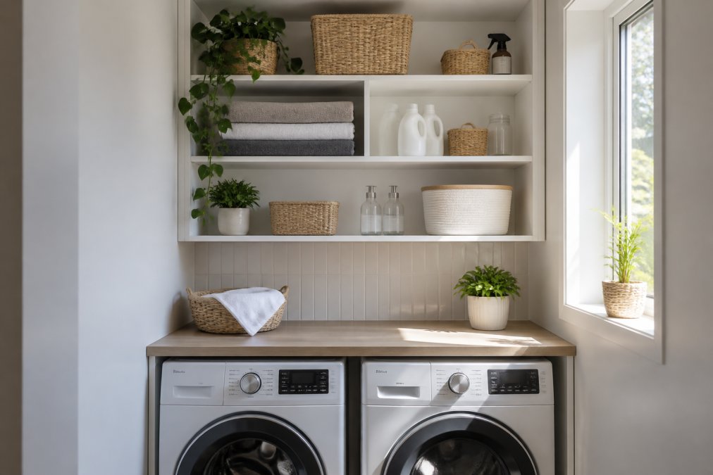 A compact laundry room with tall white wall-mounted shelving units installed above a front-loading washing machine and dryer, neatly stacked with folded towels, detergent bottles and woven baskets, soft natural light from a small window, clean and organised modern Australian home interior