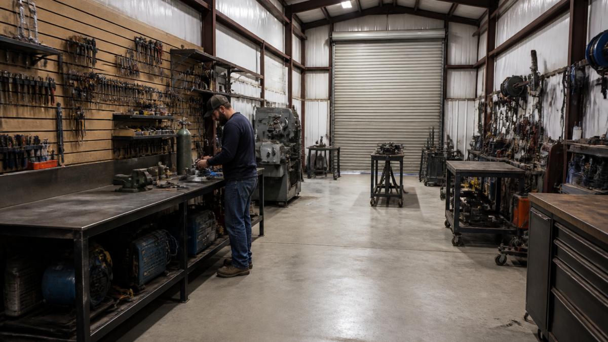 Professional metalworker organizing compact workshop with wall-mounted tool storage, organized workbench along one wall, and clear floor space for equipment movement and workflow