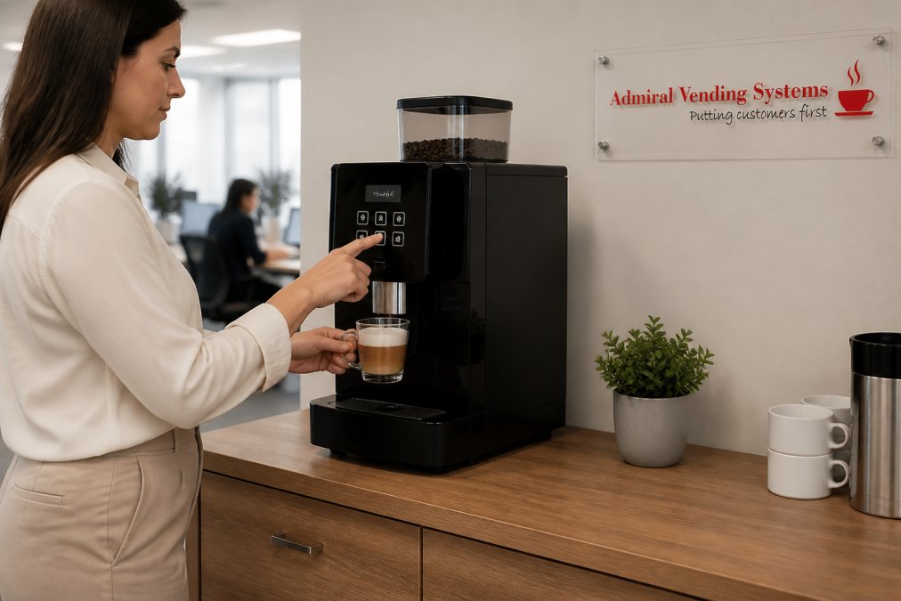 Employee preparing a fresh cappuccino with a compact small office coffee machine on a desk