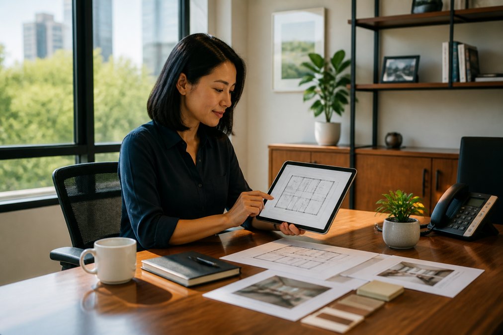 Business owner reviewing floor plans on a tablet in a bright, furnished small office space with morning light.