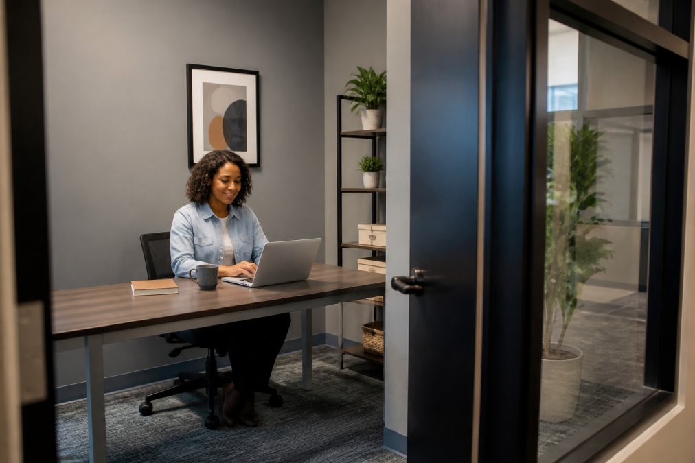 A small business owner working at a desk in a private, furnished office suite with a closed glass door, laptop open, coffee cup nearby, and a professional but comfortable setup
