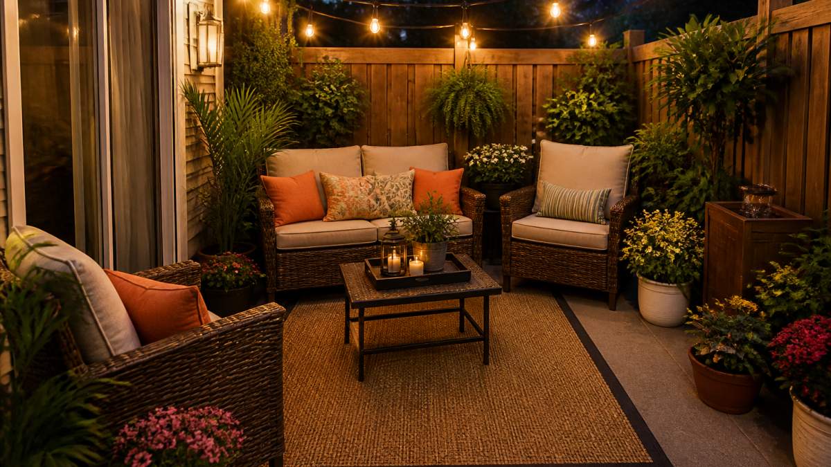 Cozy small patio with wicker seating, string lights, and potted plants