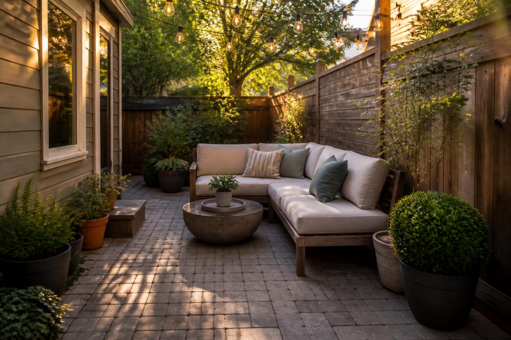 A small residential backyard patio with paver stones, a compact outdoor sofa, potted plants, and string lights overhead, photographed in warm late-afternoon light
