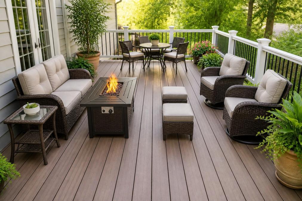 Well-organized small patio with wicker furniture arranged along edges creating clear traffic flow through center, potted plants marking distinct zones, and a bistro set defining a conversation area