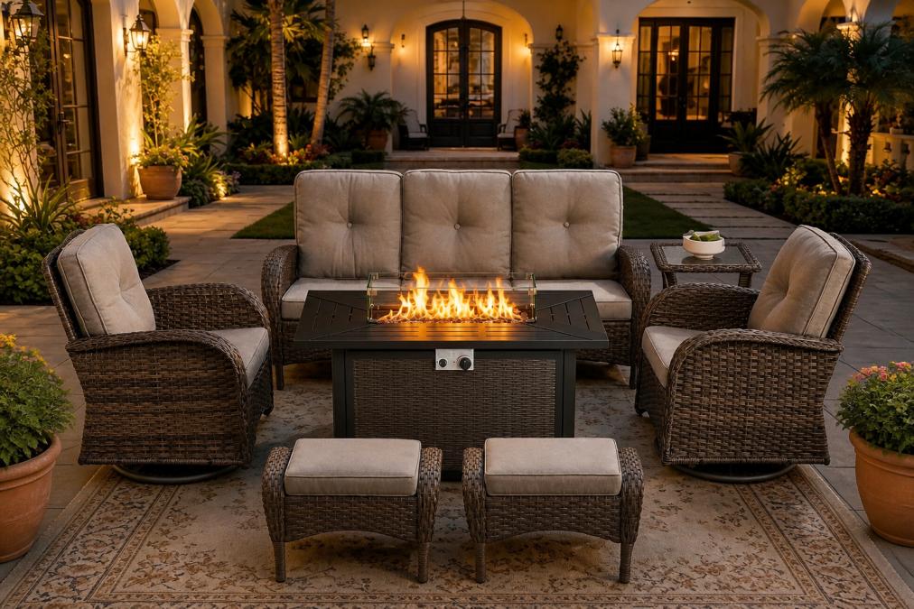 Intimate small patio with lounge chairs arranged in semi-circle around fire pit table creating conversation area, warm ambient lighting at dusk, potted plants framing the space